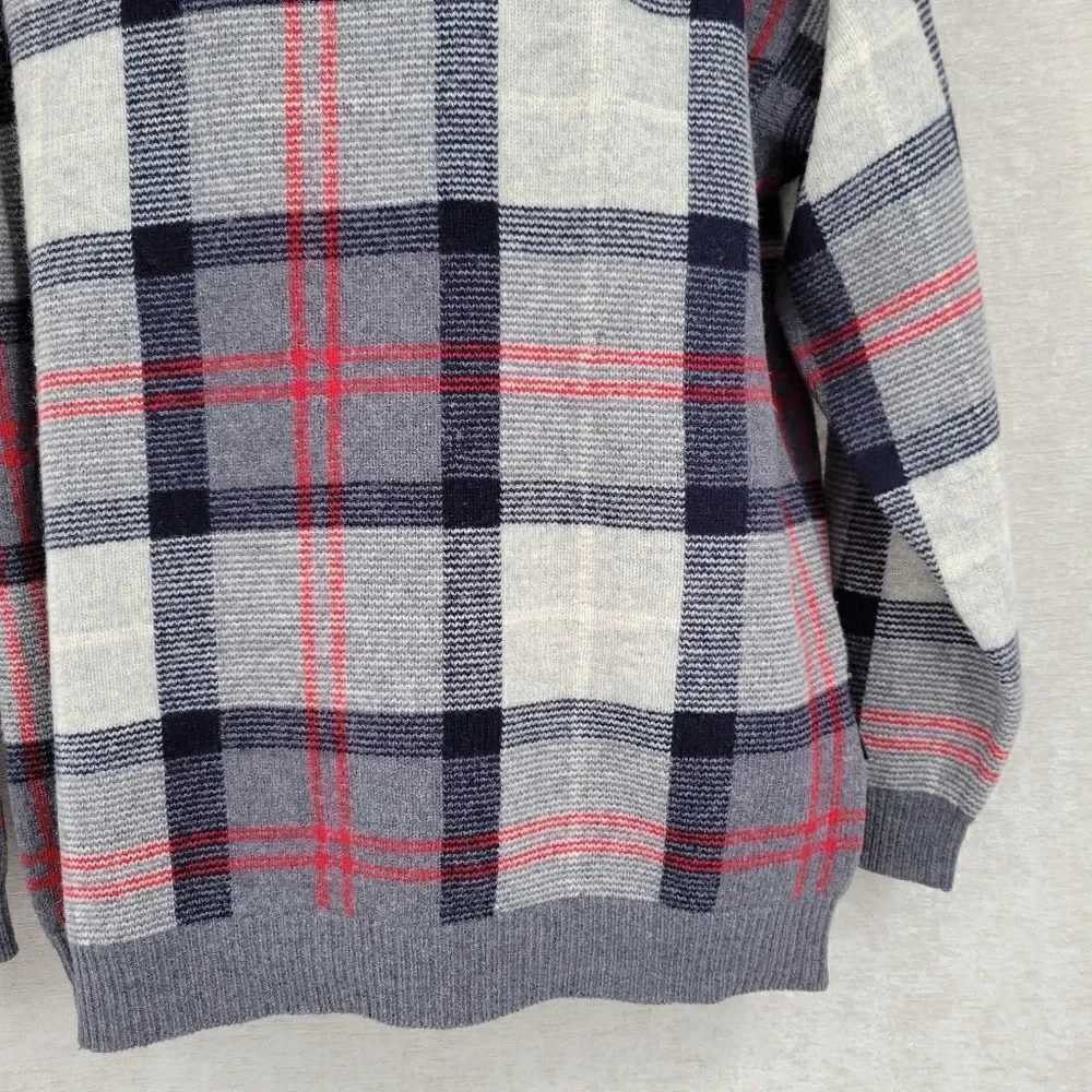 Nautica Vintage Wool V-Neck Navy Gray Red Windowpane Plaid Sweater Men's Large